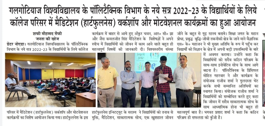 A meditation and motivation workshop for new Polytechnic students at Galgotias